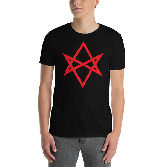 Red Unicursal Hexagram design on unisex T-shirt, front view