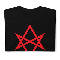 Red Unicursal Hexagram design on unisex T-shirt, front view