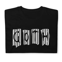 Black White Gothic Stripes design on unisex T-shirt, front view