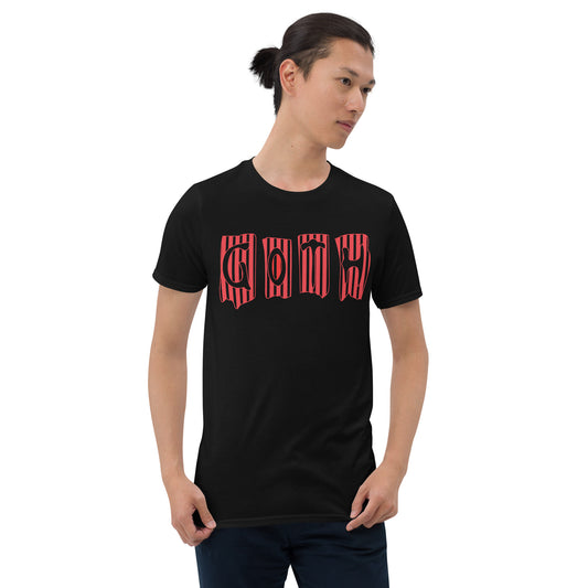 Black Red Gothic Stripes design on unisex T-shirt, front view