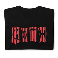Black Red Gothic Stripes design on unisex T-shirt, front view