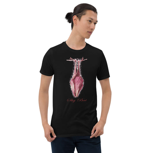 Shy Vampire Bat design on unisex T-shirt, front view