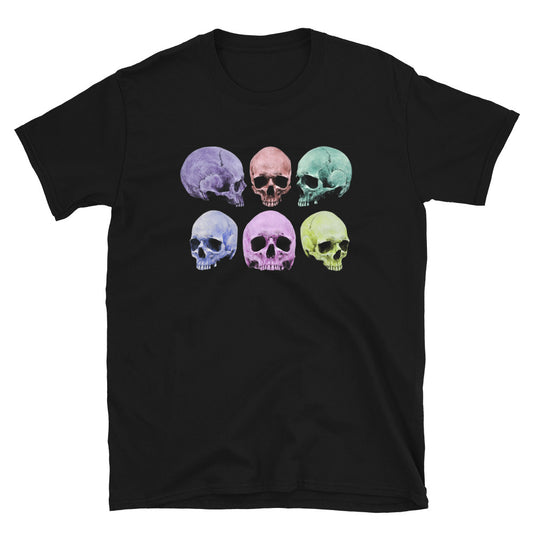 Pastel Death Skulls design on unisex T-shirt, front view