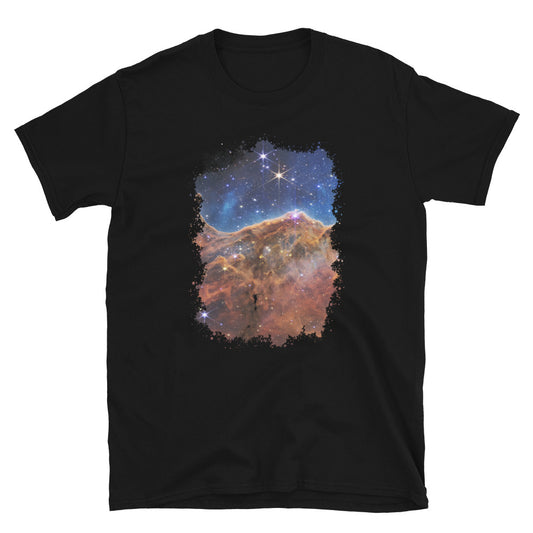 Carina Nebula JWST design on unisex T-shirt, front view
