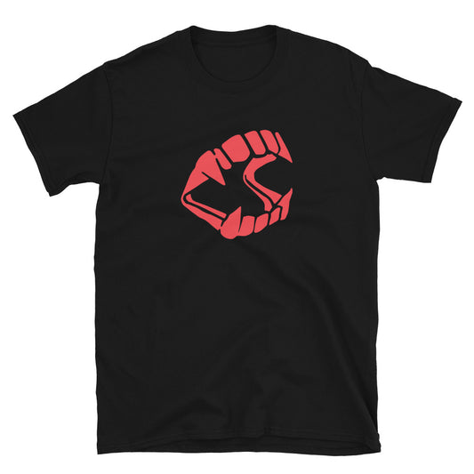 Red Vampire Fangs design on unisex T-shirt, front view