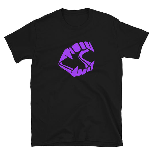 Purple Vampire Fangs design on unisex T-shirt, front view
