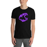 Purple Vampire Fangs design on unisex T-shirt, front view