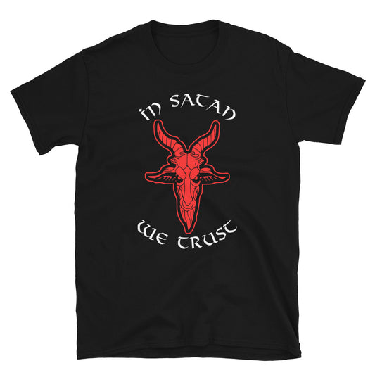 In Satan We Trust Goat Head design on unisex T-shirt, front view