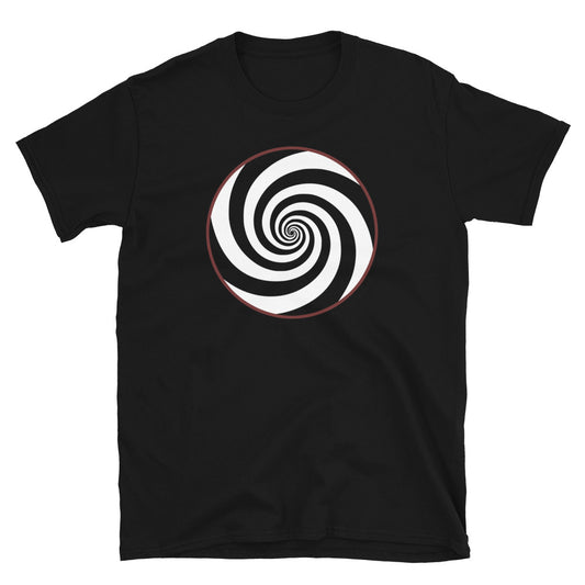 Hypnotic Spiral Illusion design on unisex T-shirt, front view