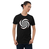 Hypnotic Spiral Illusion design on unisex T-shirt, front view