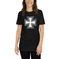 Black White Iron Cross design on unisex T-shirt, front view