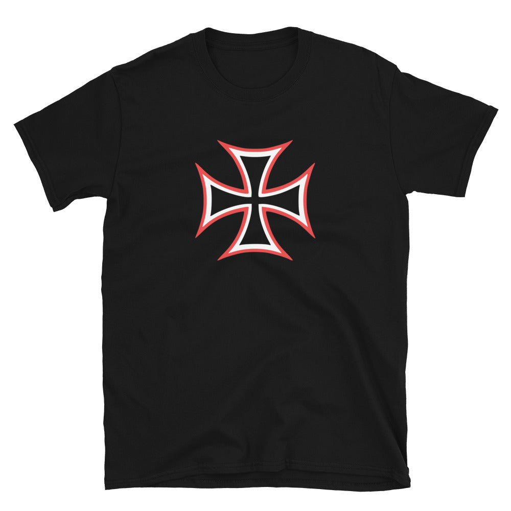 Red White Iron Cross design on unisex T-shirt, front view