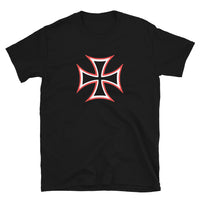 Red White Iron Cross design on unisex T-shirt, front view