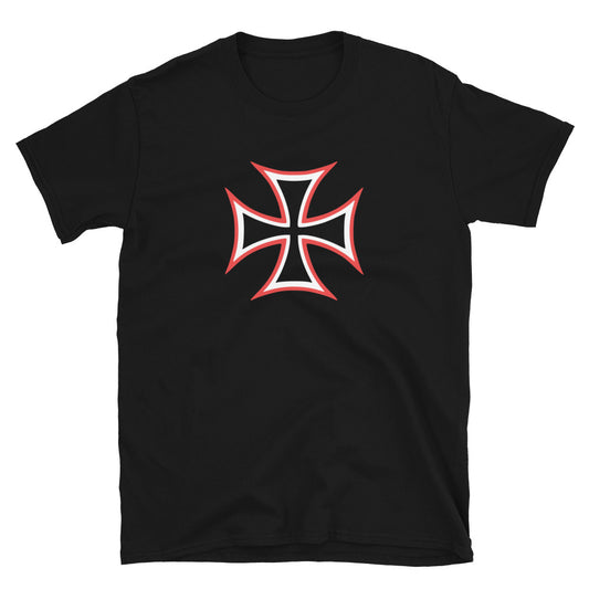 Red White Iron Cross design on unisex T-shirt, front view