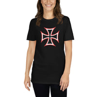 Red White Iron Cross design on unisex T-shirt, front view