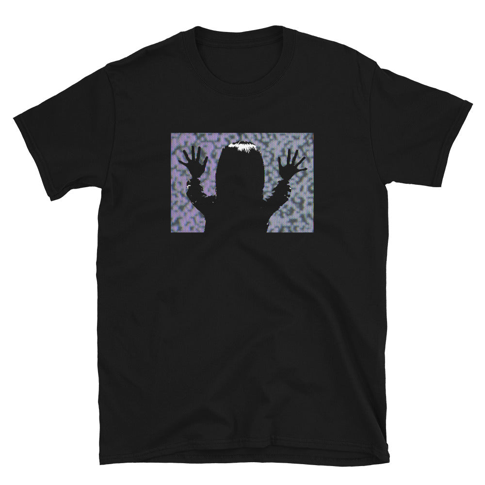 They're Here Poltergeist design on unisex T-shirt, front view