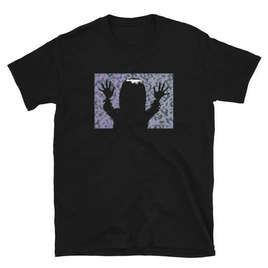 They're Here Poltergeist design on unisex T-shirt, front view