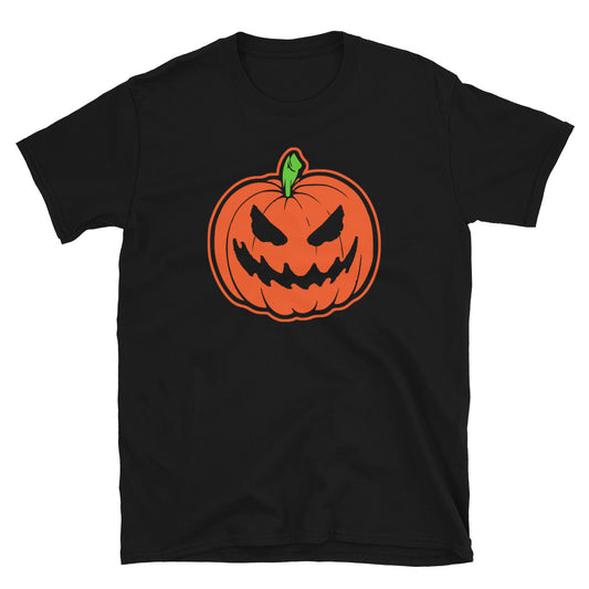 Scary Jack O' Lantern design on unisex T-shirt, front view