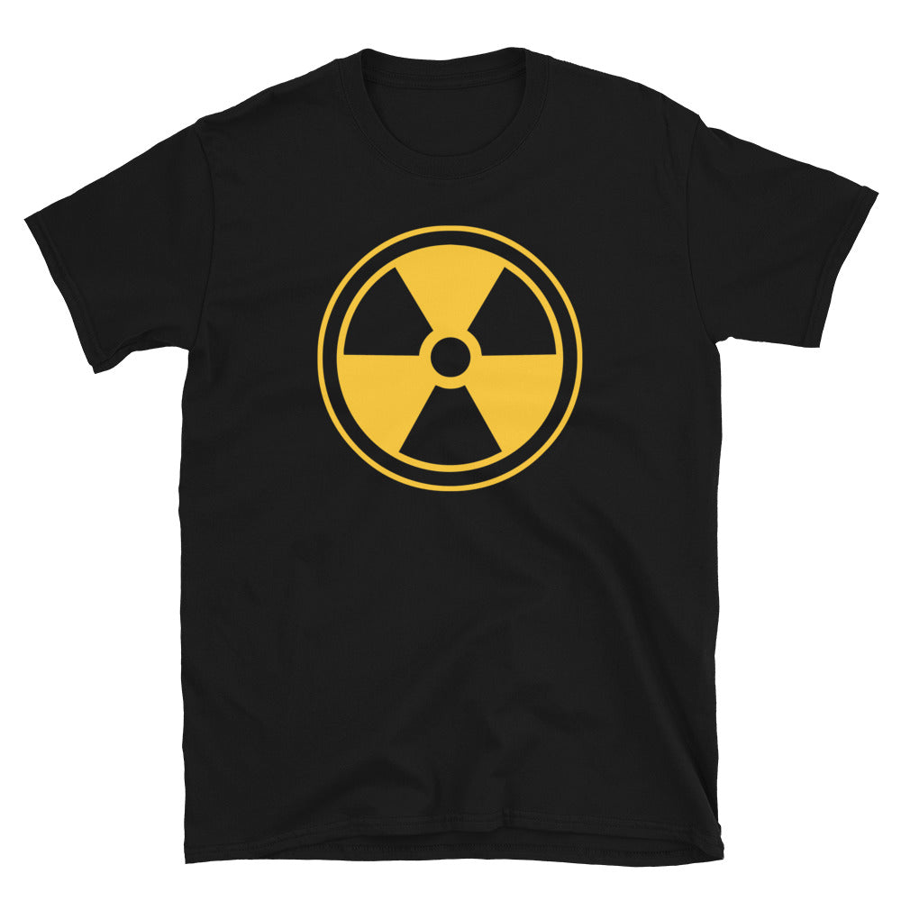 Radiation Warning Sign design on unisex T-shirt, front view