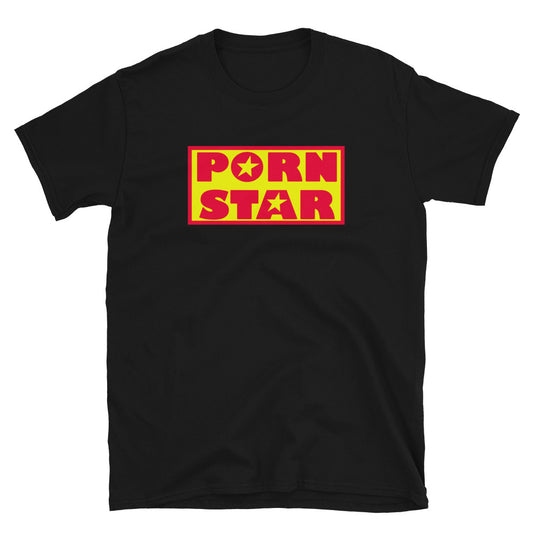 Yellow Red Porn Star Logo design on unisex T-shirt, front view