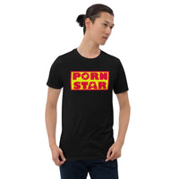 Yellow Red Porn Star Logo design on unisex T-shirt, front view
