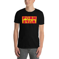 Yellow Red Porn Star Logo design on unisex T-shirt, front view