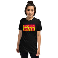 Yellow Red Porn Star Logo design on unisex T-shirt, front view