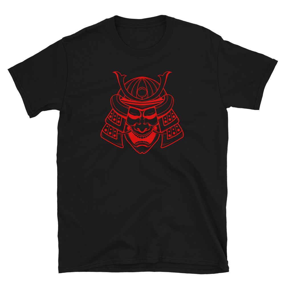 Red Samurai Kabuto Mask design on unisex T-shirt, front view