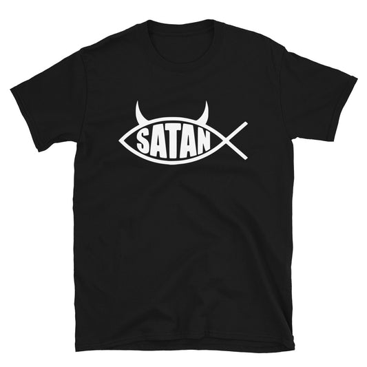 White Satan Fish design on unisex T-shirt, front view