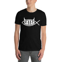 White Satan Fish design on unisex T-shirt, front view