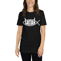 White Satan Fish design on unisex T-shirt, front view