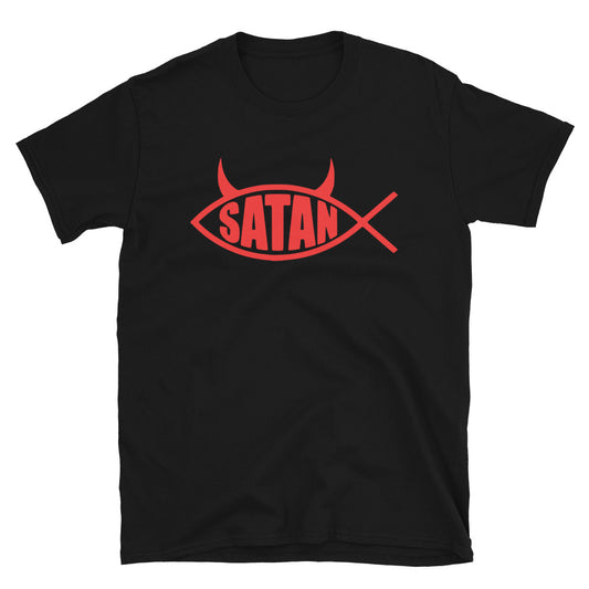 Red Satan Fish design on unisex T-shirt, front view