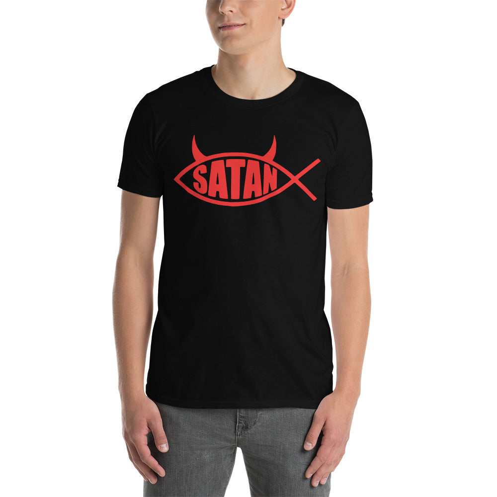 Red Ichthys Satan Fish with Horns Religious Satire Short-Sleeve T-Shirt