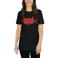 Red Satan Fish design on unisex T-shirt, front view