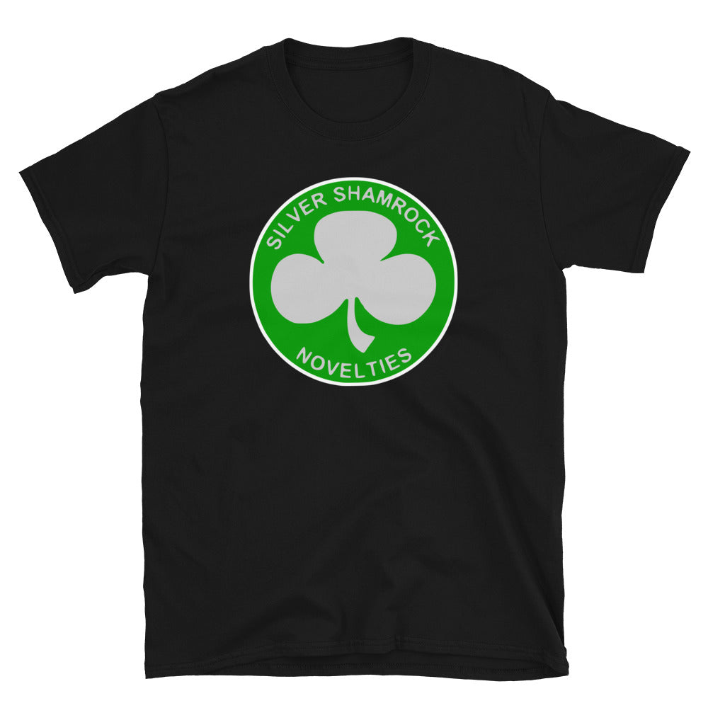 Silver Shamrock Novelties design on unisex T-shirt, front view