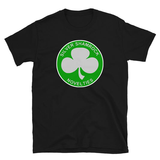 Silver Shamrock Novelties design on unisex T-shirt, front view