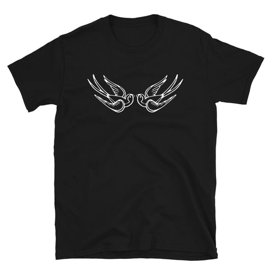 White Falling Sparrows design on unisex T-shirt, front view