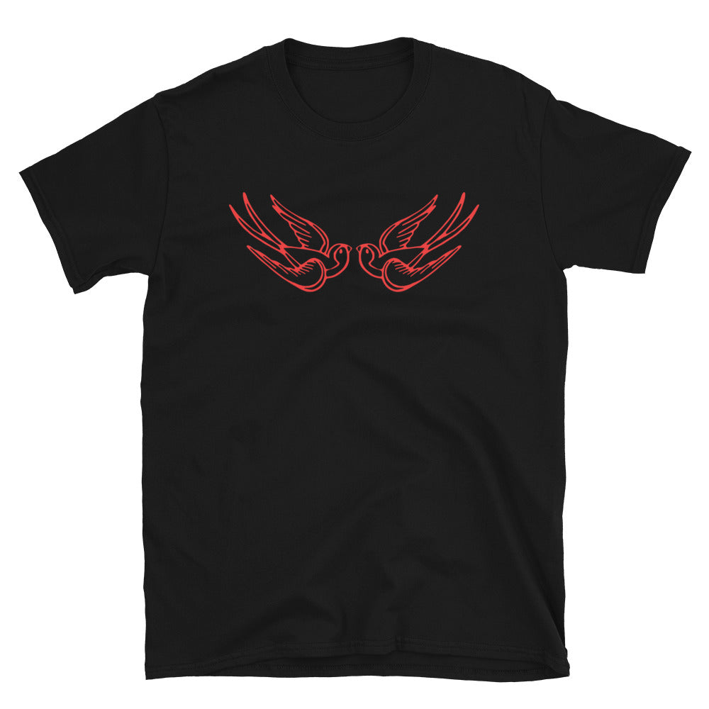 Red Falling Sparrows design on unisex T-shirt, front view