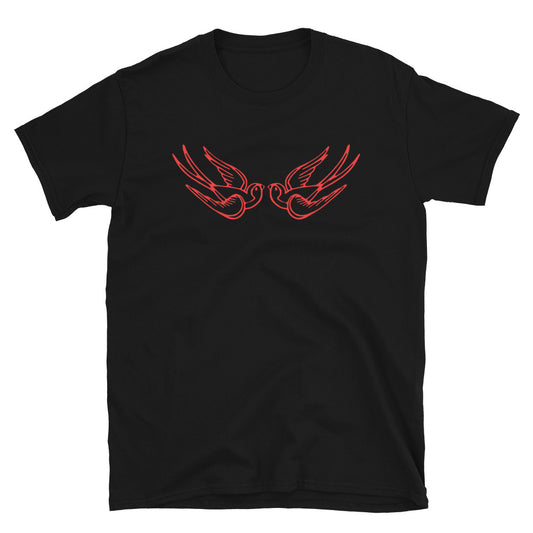 Red Falling Sparrows design on unisex T-shirt, front view