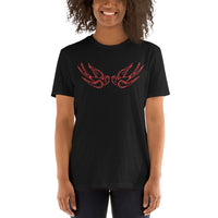 Red Falling Sparrows design on unisex T-shirt, front view