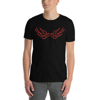 Red Falling Sparrows design on unisex T-shirt, front view