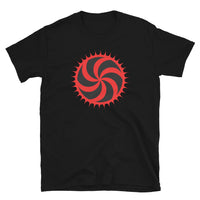 Red Deadly Swirl design on unisex T-shirt, front view