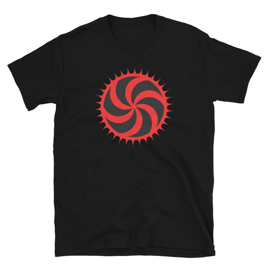 Red Deadly Swirl design on unisex T-shirt, front view