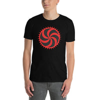 Red Deadly Swirl design on unisex T-shirt, front view