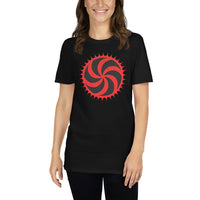 Red Deadly Swirl design on unisex T-shirt, front view