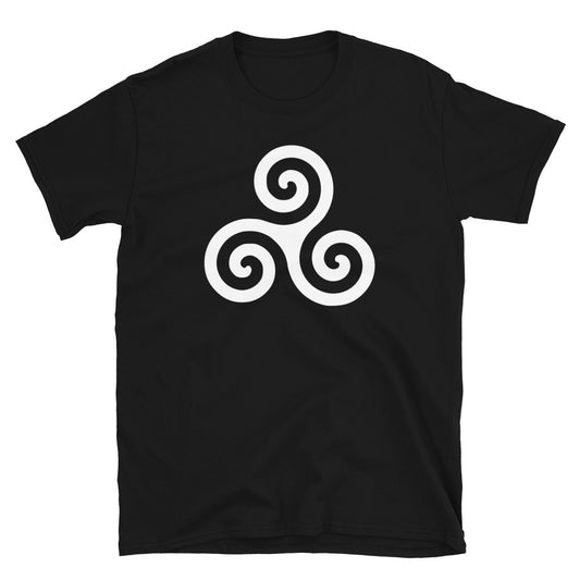 White Triskelion design on unisex T-shirt, front view