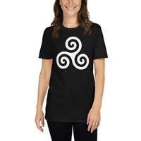 White Triskelion design on unisex T-shirt, front view