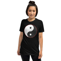 Yin and Yang Ancient Chinese Symbol design on unisex T-shirt, front view