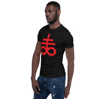 Red Leviathan Cross design on unisex T-shirt, left-front view
