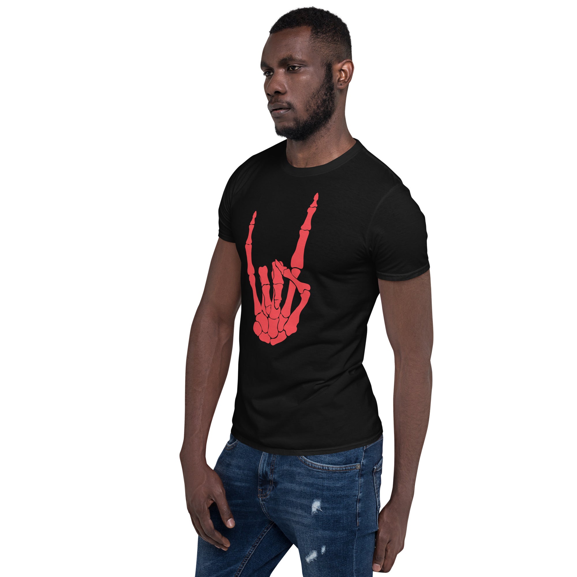 Devil Bone Hand Heavy Metal Horns Up Sign Men's Short-Sleeve T-Shirt Red Print - Edge of Life Designs